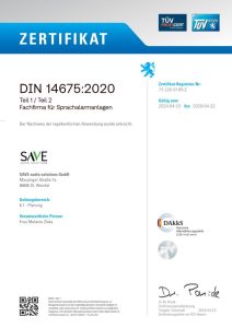 DIN 14675:2020 Zertifikat Fachfirma für Sprachalarmanalgen